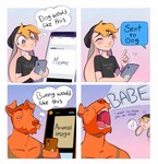 4_panel_comic anthro beanie blonde_hair blush blush_stickers border boyfriends canid canine canis cellphone clothing domestic_dog duo electronics english_text eyes_closed fangs floppy_ears fur gradient_background grey_body grey_fur hair half-closed_eyes hat headgear headwear heart_eyes heart_symbol heresvix hi_res humor lagomorph leporid male mammal narrowed_eyes open_mouth orange_body orange_fur phone rabbit shirt simple_background smartphone t-shirt tan_body tan_fur tank_top teeth text thought_bubble topwear uvula white_border wide_eyed