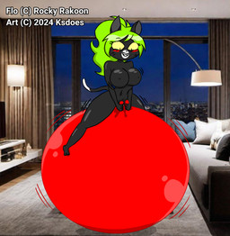 anthro big_breasts blush bodily_fluids bouncing breasts female genital_fluids green_hair hair happy inflatable nude solo space_hopper vaginal_fluids youtuber ksdoes flo_(rocky_rakoon) domestic_cat felid feline felis mammal tuxedo_cat