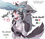 achievement anthro biped black_nose blush breasts check_mark clothed clothing duo exclamation_point female fur grey_body grey_fur grey_tail headpat heart_symbol like_goal multicolored_body multicolored_fur off_shoulder one_eye_closed one_eye_obstructed open_mouth open_smile red_sclera retweet_goal smile tail teeth text white_body white_eyes white_fur white_tail naive_tabby helluva_boss mythology loona_(helluva_boss) canid canid_demon canine demon hellhound mammal mythological_canine mythological_creature 2025 absurd_res hi_res url