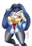 anthro big_breasts big_ears black_hair blue_body blue_fur breasts camel_toe clothed clothing female fur green_eyes hair huge_breasts legwear simple_background solo thick_thighs thigh_highs white_background luvon sapphire_(flafty) lagomorph leporid mammal rabbit digital_media_(artwork)