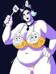 anthro bikini breasts catty catty_(undertale) cleavage clothed clothing cosplay dracozhilla ear_piercing ear_ring employee employee_uniform fast_food_employee fast_food_uniform felid feline female frycook hi_res mammal necktie nickelodeon piercing ring_piercing slightly_chubby solo spatula spongebob_squarepants swimwear tools two-piece_swimsuit undertale_(series)