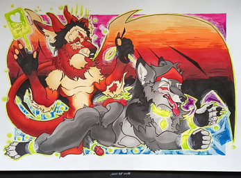 anal anal_penetration anthro bdsm bondage bound collar dragon_male duo from_behind_position good_boy leash leash_pull magic male male/male penetration sex sex_toy smile smiling_at_another toying_partner wings wolf_male mythology extasy karma_(karmalow) orion_(orion) canid canine canis dragon mammal mythological_creature mythological_scalie scalie wolf hi_res marker_(artwork) traditional_media_(artwork)