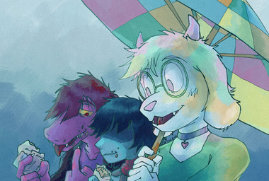 anthro black_clothing black_jacket black_topwear blue_body blue_skin burrito choker clothing dark_hair eating eyewear female food fur fur_tuft glasses green_clothing green_eyewear green_glasses green_shirt green_topwear group hair holding_food holding_object horn jacket jewelry male necklace pink_eyes purple_body purple_clothing purple_hair purple_shirt purple_skin purple_topwear red_eyes red_scarf scarf shirt topwear trio tuft umbrella white_body white_fur yellow_sclera zottgrammes deltarune undertale_(series) kris_dreemurr ralsei susie_(deltarune) bovid caprine darkner goat humanoid mammal monster reptile scalie hi_res