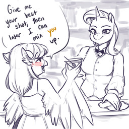 anthro beverage cleaning_tool drunk duo female female/female flirting substance_intoxication text winged_arms wings glacierclear friendship_is_magic hasbro my_little_pony birddi starlight_glimmer_(mlp) avian bird equid equine horse mammal pony 1:1 digital_media_(artwork) english_text hi_res