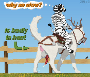 animal_genitalia animal_penis animal_vulva anthro antlers anus backsack balls bodily_fluids bridle butt canine_genitalia canine_penis canine_vulva crupper cum cum_trail dripping duo ejaculation equine_anus erection feral genital_fluids genitals herm herm_feral hooves horn in_heat intersex intersex/male intersex_feral knot knotted_penis larger_feral larger_herm larger_intersex male male_anthro mount mount/rider_relations penis precum precum_drip presenting presenting_anus presenting_hindquarters presenting_vulva puffy_anus raised_tail reins requesting riding saddle sex_request size_difference smaller_anthro smaller_male stripes submissive submissive_herm submissive_intersex tack tail tail_tuft text thought_bubble tongue tongue_out tuft vulva conditional_dnp zelkothezeeb mythology ky-li zelko canid canine canis domestic_dog dragon equid equine felkin hybrid mammal mythological_creature mythological_scalie nordic_sled_dog samoyed scalie spitz zebra digital_media_(artwork) pixel_(artwork)