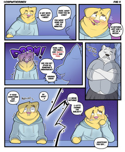 age_difference anthro belly blush bodily_fluids clothed clothing dialogue duo facial_hair facial_piercing fur male male/male nose_piercing nose_ring older_anthro older_male onomatopoeia overweight overweight_anthro overweight_male pecs piercing ring_piercing size_difference sound_effects speech_bubble student sweat teacher teacher_and_student text tuft wet wet_clothing white_body white_fur yellow_body yellow_fur crunchychip mr_arthur_(crunchychip) zach_(crunchychip) bear canid canine canis domestic_dog mammal polar_bear shiba_inu spitz ursine absurd_res comic english_text hi_res