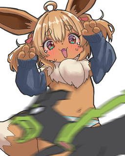 4_fingers accessory ahoge ambiguous_gender anthro armwear black_body black_fur blue_clothing blue_panties blue_underwear blush bodily_fluids bottomwear bow_ribbon brown_body brown_claws brown_eyes brown_fur brown_inner_ear claws clothing convenient_censorship duo embarrassed femboy finger_claws fingers fur green_body green_fur grey_armwear grey_clothing hair hair_accessory hair_bow hair_ribbon looking_at_viewer male mostly_nude no_pupils panties pattern_bottomwear pattern_clothing pattern_panties pattern_underwear raised_hands ribbons simple_background striped_bottomwear striped_clothing striped_panties striped_underwear stripes sweat tan_body tan_fur tan_hair underwear white_background white_body white_clothing white_eyes white_fur white_panties white_underwear young young_anthro young_male neko_t_chan nintendo pokemon eevee generation_1_pokemon generation_7_pokemon legendary_pokemon pokemon_(species) zygarde zygarde_10_forme 2025 4:5 hi_res