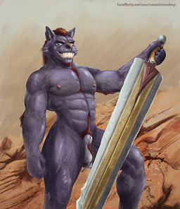 abs animal_genitalia anthro balls blue_eyes brown_hair cheek_tuft facial_tuft fangs front_view fully_sheathed genitals glistening glistening_eyes grey_body grin hair hairy holding_melee_weapon holding_object holding_sword holding_weapon looking_at_viewer male male_anthro melee_weapon muscular muscular_anthro muscular_male narrowed_eyes navel pecs pubes sheath short_hair smile solo standing sword teeth text tuft vein veiny_muscles weapon white_balls white_sheath satanic_monkey canid canine mammal hi_res url