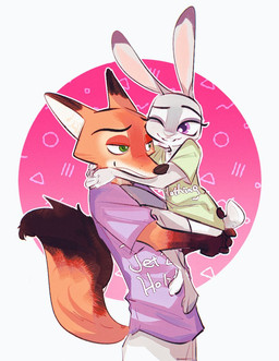 anthro bottomwear brown_body brown_fur carrying_another clothed clothing duo eyebrows feet female fingers fur green_eyes grey_body grey_fur long_ears male male/female one_eye_closed orange_body orange_fur purple_eyes scut_tail shirt short_tail shorts t-shirt tail tan_body tan_fur text text_on_clothing toes topwear meatballs_5u disney jet2_holiday zootopia judy_hopps nick_wilde canid canine fox lagomorph leporid mammal rabbit