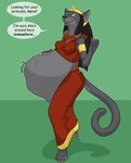 abdominal_bulge anthro anthro_pred belly big_belly breasts clothed clothing dialogue digestion_noises female female_anthro female_pred fully_clothed fully_inside fur green_background grey_body grey_fur nipple_outline retractable_claws simple_background solo speech_bubble tail talking_to_viewer text vore yellow_eyes strega disney disney's_aladdin mirage_(disney) felid mammal 2025 english_text hi_res