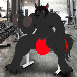 abs anthro biceps big_bulge black_body black_fur black_hair black_nose bulge claws clothing detailed_bulge digitigrade exercise fur hair hand_on_knee hand_on_leg huge_bulge jockstrap male markings muscular muscular_thighs nipples pecs red_eyes red_markings sitting solo text underwear weightlifting workout zi0808 alexzandr_sokolov canid canine canis mammal wolf 1:1 absurd_res english_text hi_res
