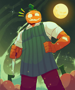 abs anthro apron biceps bottomwear clothing food for_a_head fruit glowing glowing_eyes glowing_markings hand_on_hip holding_object holding_weapon holidays jack-o'-lantern knife looking_at_viewer male markings moon muscular muscular_anthro muscular_male pecs plant pumpkin pumpkin_head pumpskinner_(dinxiemintie) sky smile smiling_at_viewer solo topwear weapon dinxiemintie halloween humanoid object_head hi_res