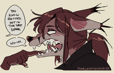anthro bangs cigarette cigarette_in_mouth clothing coat dialogue duo fangs female finger_in_mouth hair humor object_in_mouth ponytail sharp_teeth short_hair speech_bubble teeth text tongue topwear trenchcoat fourleafisland charlie_(fourleafisland) pepper_(fourleafisland) canid canine canis domestic_dog fox mammal true_fox absurd_res english_text hi_res signature trans_(lore) trans_woman_(lore)