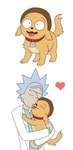 brown_hair clothing coat duo hair heart_symbol hug lab_coat male male/male tongue tongue_out topwear rickxmortyseeds adult_swim cartoon_network rick_and_morty morty_smith rick_sanchez canid canine canis domestic_dog human mammal hi_res