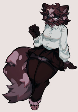 annoyed anthro big_breasts blue_eyes bottomwear breasts brown_body brown_fur claws clothed clothing collared_shirt dress_shirt electronics eyewear facial_piercing female fluffy fluffy_tail fur glasses hair legwear lip_piercing long_hair messy_hair office_clothing phone piercing shirt simple_background sitting skirt slightly_chubby snakebite_piercing solo spots stockings tail topwear wearing_glasses conditional_dnp goobysart sam_(chiglel) domestic_cat felid feline felis mammal absurd_res hi_res