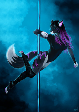 anthro dancing female hair piercing pole pole_dancing purple_hair alexandradane domestic_cat felid feline felis mammal absurd_res hi_res