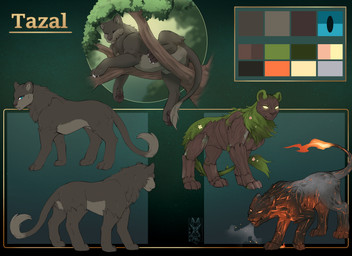 ambiguous_gender branch feral fire flower fur glowing glowing_eyes leaf mane moss paws plant smoke smoke_from_mouth solo tail tail_tuft text tuft wood pixelflare tazal felid lion mammal pantherine digital_drawing_(artwork) digital_media_(artwork) english_text hi_res model_sheet