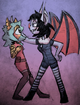 blush breasts clothed clothing duo female female/female kabedon open_mouth smile wings puapka bat cyclops mammal 2019 absurd_res hi_res