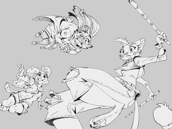 3_toes action_pose anthro arnis belt bottomwear clothing collar denim denim_bottomwear denim_clothing ear_piercing ear_ring eyewear feet female fingers floppy_ears freckles gesture glasses group hand_gesture head_tuft holding_object holding_weapon hoodie hooved_fingers hooves jacket_around_waist jeans jersey long_ears long_sleeves long_tail looking_down low-angle_view markings midair pants pawpads piercing pointy_ears pose ring_piercing scared shirt shorts simple_background skirt smile striped_markings stripes tail tied_ears toeless_legwear toeless_stockings toes topwear torn_bottomwear torn_clothing torn_jeans torn_pants trio tuft twintails_(hairstyle) v_sign weapon wearing_glasses worried ruffu merina_(ruffu) paddy_(ruffu) pepper_(ruffu) bovid caprine domestic_sheep felid feline lagomorph leporid mammal merino_sheep rabbit sheep 4:3 digital_drawing_(artwork) digital_media_(artwork) monochrome sketch