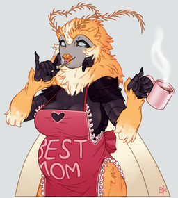 antennae_(anatomy) anthro apron apron_only belly beverage big_belly breasts clothing coffee coffee_mug container cup cutlery female kitchen_utensils lips mostly_nude no_pupils non-mammal_breasts pregnant pregnant_anthro pregnant_female raised_finger raised_pinky simple_background solo spilling_drink spoon tasting text text_on_apron text_on_clothing tongue tongue_out tools white_background riorix arthropod insect lepidopteran moth english_text hi_res