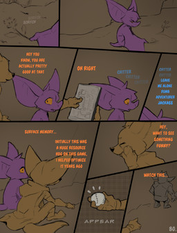 ball baseball_(ball) big_ears cloak clothing dialogue gameplay_mechanics orange_text purple_body tablet_computer text wings yellow_eyes conditional_dnp dacad nemo_(dacad) zipper_(dacad) bat canid canine fox mammal orc comic english_text hi_res