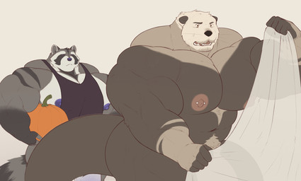 5_fingers abs anthro areola arm_markings barazoku barbell_piercing bed_sheet bedding biceps big_muscles big_pecs big_penis biped black_body black_clothing black_fur black_nose black_shirt black_tank_top black_topwear bodily_fluids brown_body brown_ears brown_eyebrows brown_fur clothed clothed_anthro clothed_male clothing countershade_face countershade_fur countershade_torso countershading deltoids duo eyebrows fingerless_(marking) fingerless_gloves_(marking) fingers flaccid food fruit fur genitals gloves_(marking) grabbing_sheets grey_body grey_fur grey_inner_ear head_tuft holding_pumpkin huge_muscles huge_penis humanoid_hands hyper hyper_muscles looking_at_another male male_anthro manly markings monotone_background multicolored_body multicolored_fur muscular muscular_anthro muscular_arms muscular_male navel nipple_barbell nipple_piercing nipples nude nude_anthro nude_male open_mouth pecs penis penis_base piercing pink_areola pink_nipples plant pubes pumpkin purple_areola purple_eyes purple_nipples purple_nose ring_(marking) ringed_tail shirt shoulder_markings simple_background simple_eyes standing striped_markings striped_tail stripes sweat sweatdrop tail tail_markings tank_top teeth thick_tail three-quarter_view topwear trapezius triceps tuft whiskers white_body white_countershading white_fur theor eliott_(theor) mammal mustelid otter procyonid raccoon sea_otter digital_drawing_(artwork) digital_media_(artwork) flat_colors hi_res
