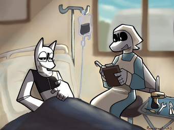 after_surgery aircraft anthro bed blurred_background chest_binder clipboard clothing drill duo eyewear female furniture glasses headscarf holding_clipboard holding_object hospital_bed hospital_room intersex iv_bag iv_drip machine nurse_clothing nurse_uniform painterly power_tool tools underwear uniform vehicle window wrench bunchasticks boeing_737 boeing_747 bombardier learjet_35 eli_the_plane_(bunchasticks) mayday_(bunchasticks) aeromorph living_aircraft living_machine living_vehicle 4:3 hi_res trans_(lore) trans_man_(lore)