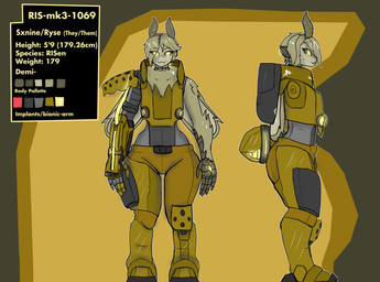antennae_(anatomy) anthro armor arthropod_abdomen asymmetrical_clothing backpack choker cybernetic_limb cybernetics feminine fluffy glowing glowing_eyes jewelry machine necklace solo wings rysetheclone sxnine_ryse absurd_res hi_res trans_(lore)