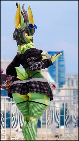 anthro antlers big_breasts black_clothing black_hair black_nails black_thong black_underwear blue_sky blurred_background bottomwear breasts butt cellphone choker clothing colored_nails crop_top day electronics eyewear eyewear_on_head female fishnet_clothing fishnet_legwear fishnet_thigh_highs fur green_body green_fur hair holding_cellphone holding_object holding_phone holding_skateboard holding_smartphone horn inner_ear_fluff jewelry legwear long_ears looking_at_viewer looking_back looking_back_at_viewer microskirt miniskirt nails necklace outside pattern_bottomwear pattern_clothing pattern_skirt phone plaid plaid_bottomwear plaid_clothing plaid_skirt pupils rear_view scut_tail shirt short_hair short_tail skateboard skirt sky slit_pupils smartphone solo sunglasses sunglasses_on_head tail tamagotchi_(toy) thick_thighs thigh_highs thong topwear tuft underwear vehicle wide_hips yellow_eyes thenicedragon valorlynz_(modeler) natsu_(natsu_o3o) deer mammal 3d_(artwork) 9:16 digital_media_(artwork) hi_res watermark