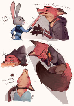 accessory anthro black_clothing black_hoodie black_topwear bodily_fluids clothing collar crying cuff_(restraint) dialogue duo female handcuffs headband hoodie lying male metal_cuffs on_side police police_uniform restraints shock_collar side_view simple_background tears text topwear uniform white_background bpbpimasheep disney zootopia judy_hopps nick_wilde canid canine fox lagomorph leporid mammal rabbit english_text