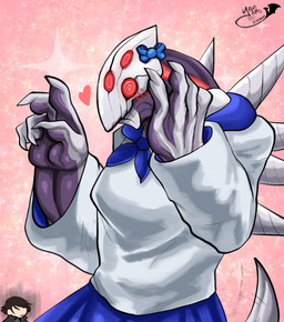 ambiguous_gender blue_bottomwear blue_bow blue_clothing blue_skirt blush blush_lines bottomwear clothed clothing duo grey_body hand_on_face heart_symbol multi_eye pink_background purple_body red_eyes school_uniform shirt simple_background skirt sparkles spikes spikes_(anatomy) tail tail_motion tailwag topwear uniform white_clothing white_shirt white_topwear yamapollogee astral_chain nintendo platinumgames homunculus_(astral_chain) human humanoid mammal monster hi_res