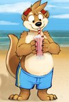 anthro barefoot beach beverage black_nose blue_bottomwear blue_clothing blue_pants bottomwear brown_body brown_fur brown_hair closed_smile clothed clothing eyewear eyewear_on_head feet front_view fur glistening glistening_nose goggles goggles_on_head hair holding_milkshake male milkshake mouth_closed outside pants seaside slightly_chubby smile solo standing tail tan_body tan_fur topless unsigned acidic otter_(oceanotter) mammal mustelid otter full-length_portrait hi_res portrait