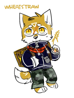 anthro backpack black_nose blue_clothing blue_topwear bottomwear chibi clothed clothing front_view fur green_bottomwear green_clothing green_pants hand_in_pocket head_tuft kerchief male mouth_closed neckerchief neckwear pants pockets red_kerchief red_neckerchief simple_background solo tail tan_body tan_fur tan_tail topwear tuft unsigned white_background white_body white_fur white_tail yellow_eyes asnnonaka wheatstraw_(asnnonaka) canid canine canis domestic_dog mammal 3:4 full-length_portrait portrait