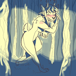 anthro antlers blush blush_lines bodily_fluids breasts convenient_censorship female headlight hooves horn navel night nude nude_anthro nude_female outdoor_nudity outside plant smile solo sweat sweatdrop tail teeth tree blueregardtwo ariel_(deerkid) deer mammal 1:1 hi_res