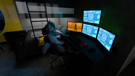 anthro bed brown_body chair computer computer_keyboard computer_monitor computer_mouse computer_screen desktop electronics furniture inside machine male masturbation office_chair solo bat mammal 16:9 3d_(artwork) 4k absurd_res blender_(artwork) blender_cycles_(artwork) digital_media_(artwork) hi_res widescreen