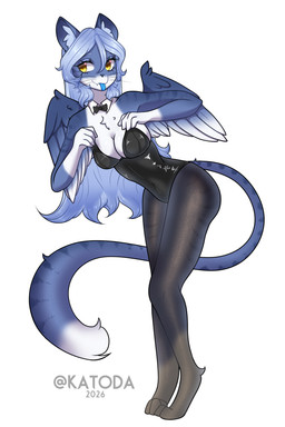 anthro bunny_costume clothing costume female fur looking_at_another multicolored_body multicolored_fur simple_background solo standing tongue tongue_out white_background wings katoda kato(katoda) domestic_cat felid feline felis mammal 2:3 absurd_res hi_res