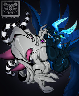 1_eye big_breasts blue_body blush breasts duo female looking_at_viewer non-mammal_breasts pink_eyes simple_background tentacles wings liltaiga4 ben_10 cartoon_network big_chill ghostfreak alien alien_humanoid arthropod ectonurite humanoid insect lepidopteran necrofriggian absurd_res hi_res