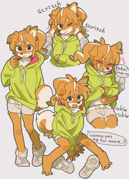 4_toes anthro anthro_focus barefoot blush bottomwear clothed clothed_anthro clothed_female clothing cute_fangs dialogue disembodied_hand duo fangs feet female female_anthro female_focus floppy_ears fur hair hoodie kemono laugh looking_at_viewer open_mouth plantigrade shorts solo_focus spread_toes tail teeth text tickling toes tongue topwear yagi_the_goat canid canine canis domestic_dog mammal shiba_inu spitz 2025 digital_media_(artwork) english_text hi_res