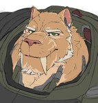 aged anthro armor earpiece facial_hair fangs fur green_eyes hair implantation looking_at_viewer machine male power_armor sabertooth_(anatomy) sideburns solo tan_body tan_fur teeth white_hair saberzelgrath saber_zelgrath_(character) felid mammal prehistoric_species saber-toothed_tiger sabertooth smilodon smilodon_fatalis 2021 hi_res portrait