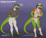 anthro baseball_uniform big_breasts bottomwear breasts brown_eyes brown_hair bulge clothing curvy_figure erect_nipples footwear green_body green_skin grey_body grey_skin gynomorph hair hat headgear headwear hotpants intersex muscle_tone muscular muscular_anthro muscular_gynomorph muscular_intersex nipples non-mammal_breasts pants shirt shoes shorts socks solo sportswear straight_hair sweater tank_top text topwear uniform box-s abigail_(wsad) anole carolina_anole lizard reptile scalie english_text hi_res model_sheet