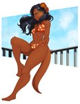 anthro bikini black_hair black_nose breasts brown_body brown_fur clothing female fur green_eyes hair long_hair midriff navel solo swimwear two-piece_swimsuit evonallure the_depths lei-lani mammal mustelid otter