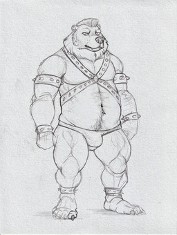 anthro armband belly big_belly clothed clothing fangs front_view hair harness looking_aside male male_anthro mouth_closed muscular muscular_anthro muscular_male overweight overweight_anthro overweight_male pecs short_hair simple_background solo spiked_armband spikes standing teeth topless hufnaar bear mammal full-length_portrait hi_res monochrome portrait sketch