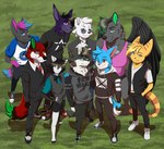 anthro arm_around_shoulders bangs barefoot black_body black_bottomwear black_bow_tie black_clothing black_ears black_fur black_hair black_hoodie black_nose black_pants black_sclera black_shorts black_topwear black_vest black_wings blue_body blue_clothing blue_eyes blue_fur blue_hair_tips blue_shirt blue_tail_tip blue_topwear bottomwear bow_tie brand_parody brown_eyes clothed clothing dipstick_tail ear_piercing eyewear facial_markings feathered_wings feathers feet footwear forehead_markings fur glasses gloves_(marking) grass green_eyes green_inner_ear green_tail_tip group group_photo hair hand_in_pocket hand_on_hip hand_on_shoulder hand_over_shoulder head_markings heterochromia high-angle_view hoodie hug looking_at_viewer male markings nasa_t-shirt necktie one_eye_closed outside pants piercing pinstripe_pants pinstripe_suit plant pockets purple_body purple_clothing purple_eyes purple_fur purple_hair purple_hands purple_inner_ear purple_shirt purple_tank_top purple_topwear red_body red_fur red_necktie ring_(marking) ringed_tail shirt shoes shorts smile smiling_at_viewer sneakers striped_markings striped_tail stripes tail tail_markings tail_tuft tank_top topwear tuft vest wearing_glasses wearing_sunglasses white_body white_fur white_sneakers white_tail_tip wings wink winking_at_viewer yellow_body yellow_fur tommysamash ratchet_and_clank sony_corporation sony_interactive_entertainment star_wars adrian_(adrianlombaxy) alifox custom_ink jay-r_(character) mister_e_bich phan_(phanerozoic) soren_folfven victor_johansen zack_(webtoonfan) canid canine canis domestic_cat felid feline felis fox hybrid lombax lynx mammal wolf 2023 artist_name hi_res