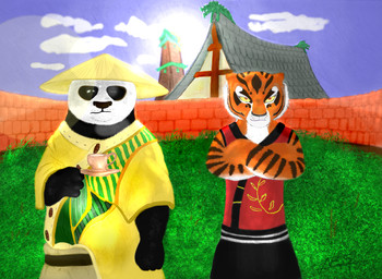 anthro black_body black_fur black_nose brick brown_body brown_fur building clothing cloud container crossed_arms cup day duo female fur glare grass house lens_flare light male multicolored_body multicolored_fur narrowed_eyes orange_body orange_fur ornate outside plant rooftop sculpture sky squint standing stare statue striped_body striped_fur stripes sun sunlight sunny tea_cup tower two_tone_body two_tone_fur white_body white_fur holt5 dreamworks kung_fu_panda mythology master_po_ping master_tigress bear dragon felid giant_panda mammal mythological_creature mythological_scalie pantherine scalie tiger colored