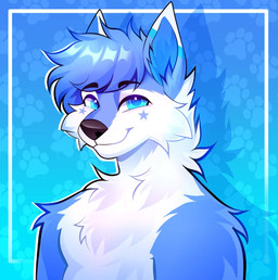 anthro blue_body blue_eyes blue_fur blue_hair fluffy fluffy_hair fur hair looking_at_viewer male markings multicolored_body multicolored_eyes solo star_(marking) white_body white_fur asdfh_sketch azul_the_fox mammal