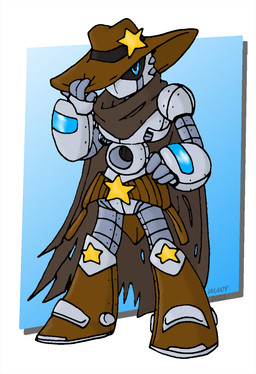 adjusting_hat biped black_sclera blue_eyes brown_clothing brown_hat brown_headwear clothing corrugated_arms corrugated_legs corrugation cowboy grey_body hat headgear headwear machine male metal not_furry solo standing yellow_star blayaden humanoid robot 2023 character_request dated hi_res