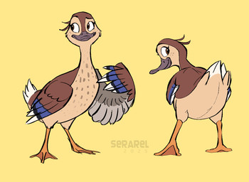 avian_butt avian_feet brown_body brown_eyes brown_feathers countershading eyelashes feathered_wings feathers featureless_crotch feet female feral folded_wings front_view membrane_(anatomy) pupils raised_tail rear_view simple_background solo standing tail tail_feathers tan_body tan_countershading text toes webbed_feet wings yellow_background serareldeer illumination_entertainment migration_(movie) pam_mallard_(migration) anas anatid anseriform avian bird dabbling_duck duck mallard 2025 artist_name dated full-length_portrait portrait