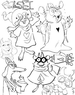 anthro claws clothed clothing eyewear floppy_ears gesture glasses hat headgear headwear horn looking_at_viewer male oversized_glasses paws robe round_glasses smile solo waving witch_hat twistcmyk deltarune undertale_(series) ralsei bovid caprine goat mammal hi_res monochrome sketch sketch_page