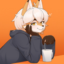 anthro clothed clothed_anthro clothed_female clothing container cup elbow_on_table eyebrow_through_hair eyebrows fangs female female_anthro fingers hair hoodie looking_at_viewer relaxing simple_background smile solo teeth topwear translucent translucent_hair white_hair yellow_eyes chipsgm culpy_(chipsgm) canid canine culpeo_fox fox mammal south_american_fox 1:1 2025 hi_res