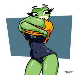anthro big_breasts biped breasts camel_toe clothed clothing clothing_lift eyelashes female female_anthro floating_eyebrows green_body green_skin navel navel_outline nipple_outline non-mammal_breasts non-mammal_navel one-piece_swimsuit orange_clothing orange_topwear raised_t-shirt school_swimsuit shirt shirt_lift simple_background solo swimwear t-shirt thick_thighs topwear wide_hips dog_in_hat doginhat mashka_(dog_in_hat) amphibian frog 1:1 digital_media_(artwork) hi_res
